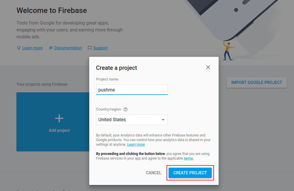 Create firebase project screenshot